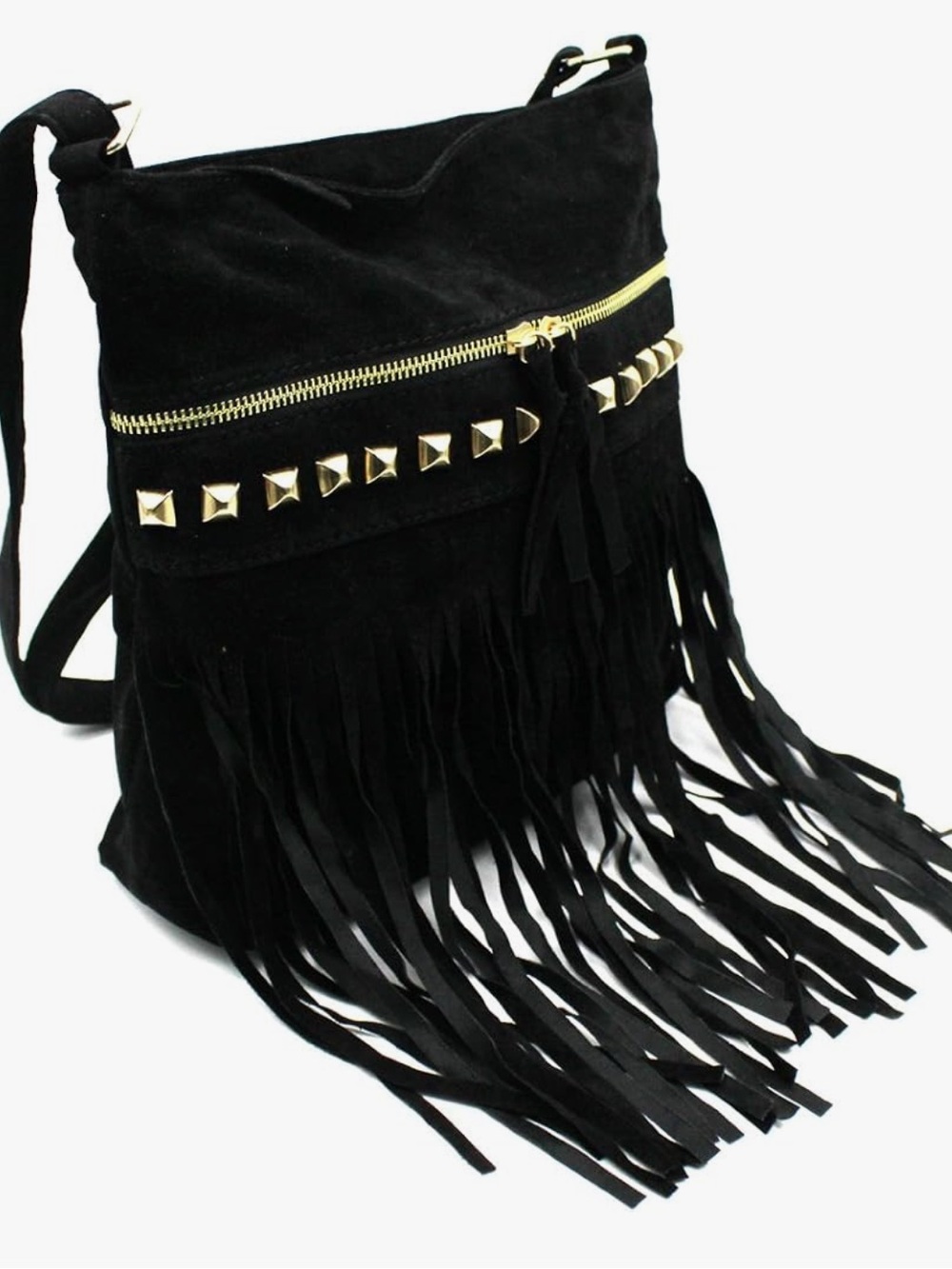 Black Fringe, Faux Suede, Crossbody Bag with Stud Detail - Picture 2 of 3